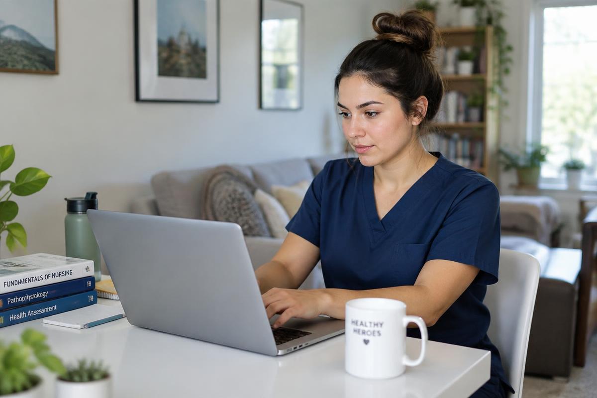 Healthcare professional applying for jobs on a laptop at home